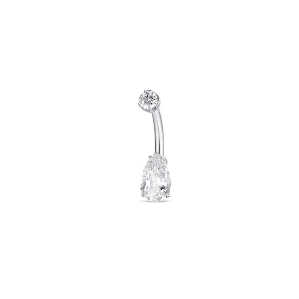 Titanium navel bar with teardrop clear cubic zirconia in a claw arc setting, silver-tone finish, shown on a white background
