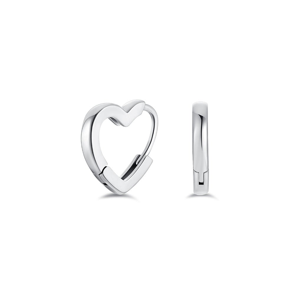 Product-only image of surgical steel heart-shaped hoop earrings with a rounded square edge, shown in a silver-tone finish from front and side views.