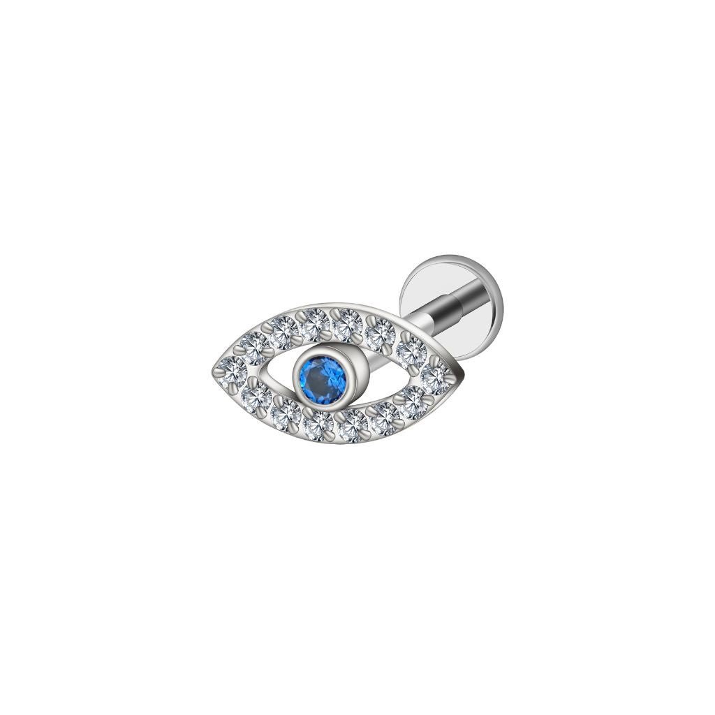 Titanium Flatback with Blue Eye Cubic Zirconia - Silver Tone - SkinKandy | Body Jewellery & Piercing