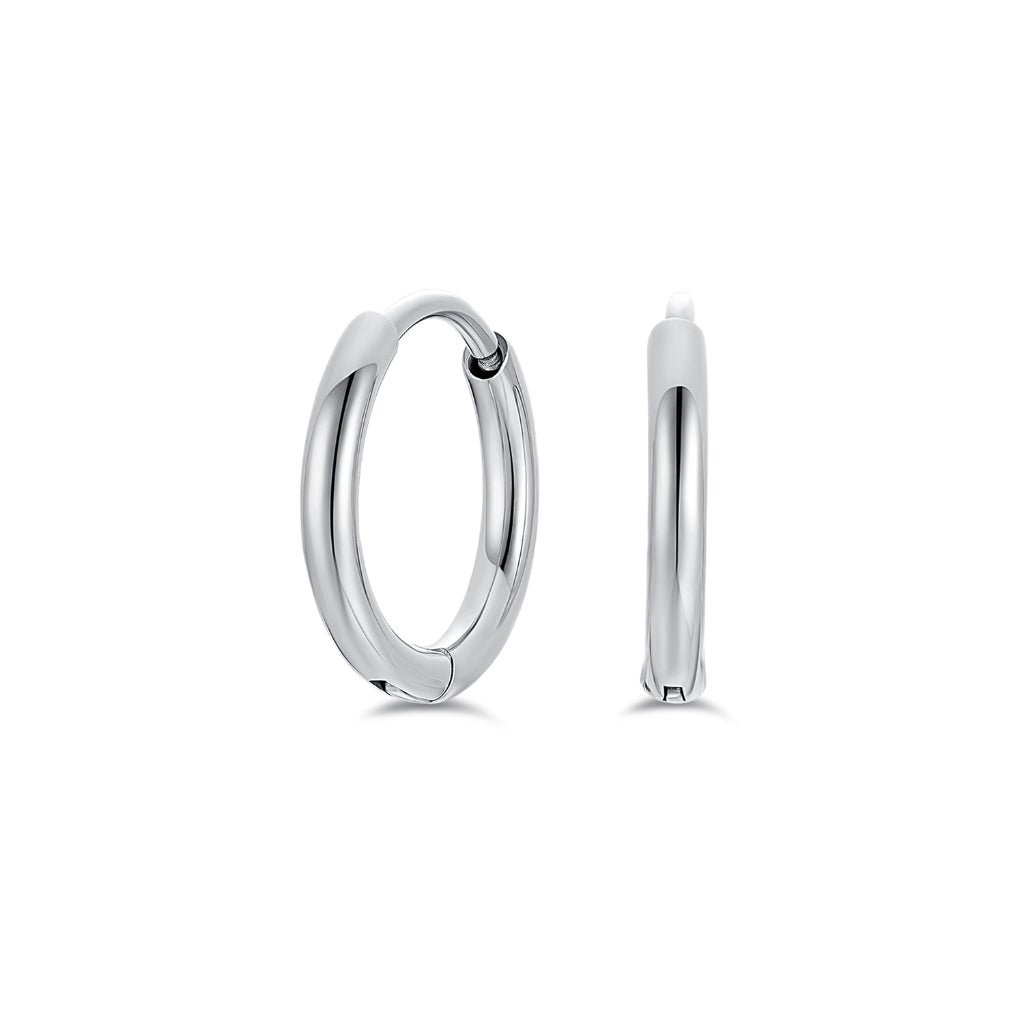 Silver-tone titanium classic bold hoop earrings shown front-on and side profile, highlighting the smooth polished finish and hinged closure.