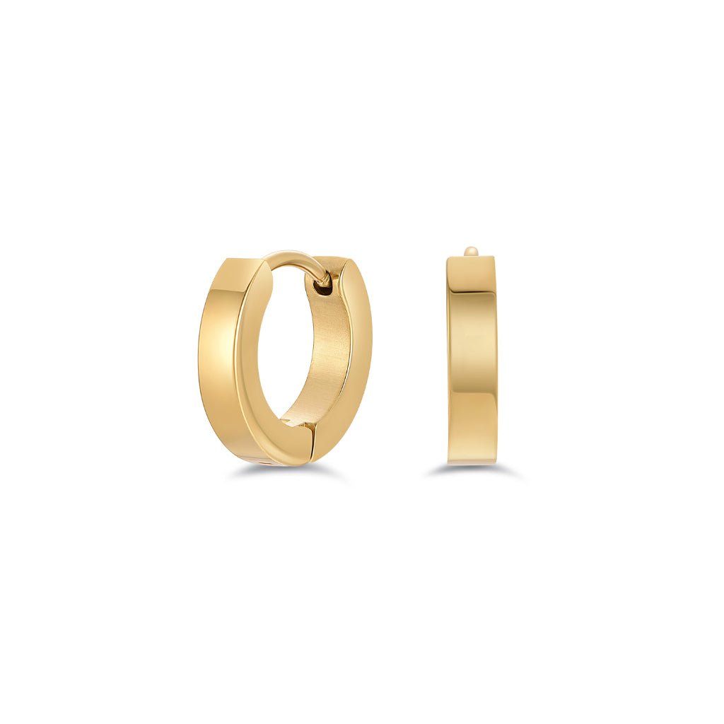 Product image of surgical steel round hoop earrings with a square-edge profile in gold tone, shown front and side view to highlight the polished finish and 9 mm size.