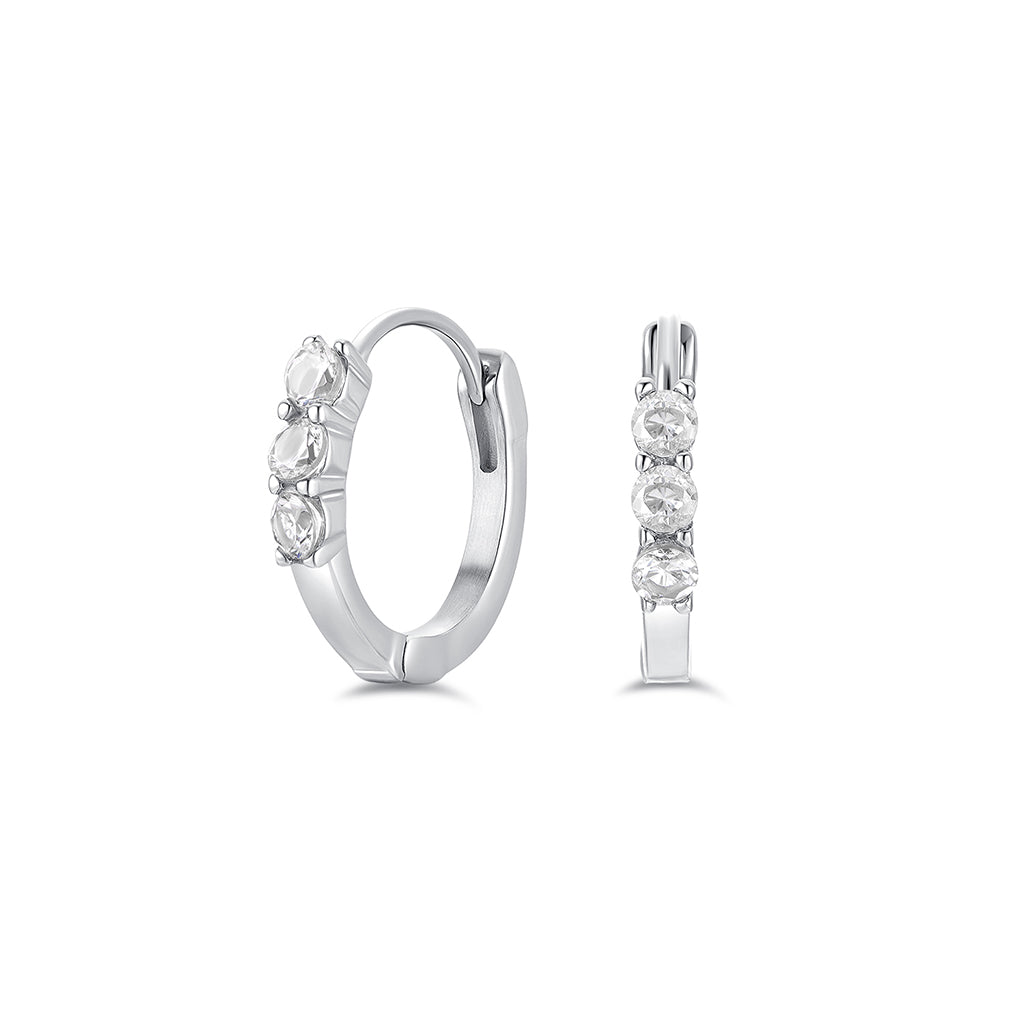 316L Stainless Steel Basic Hoop Earring with 3 Round Cubic Zirconia