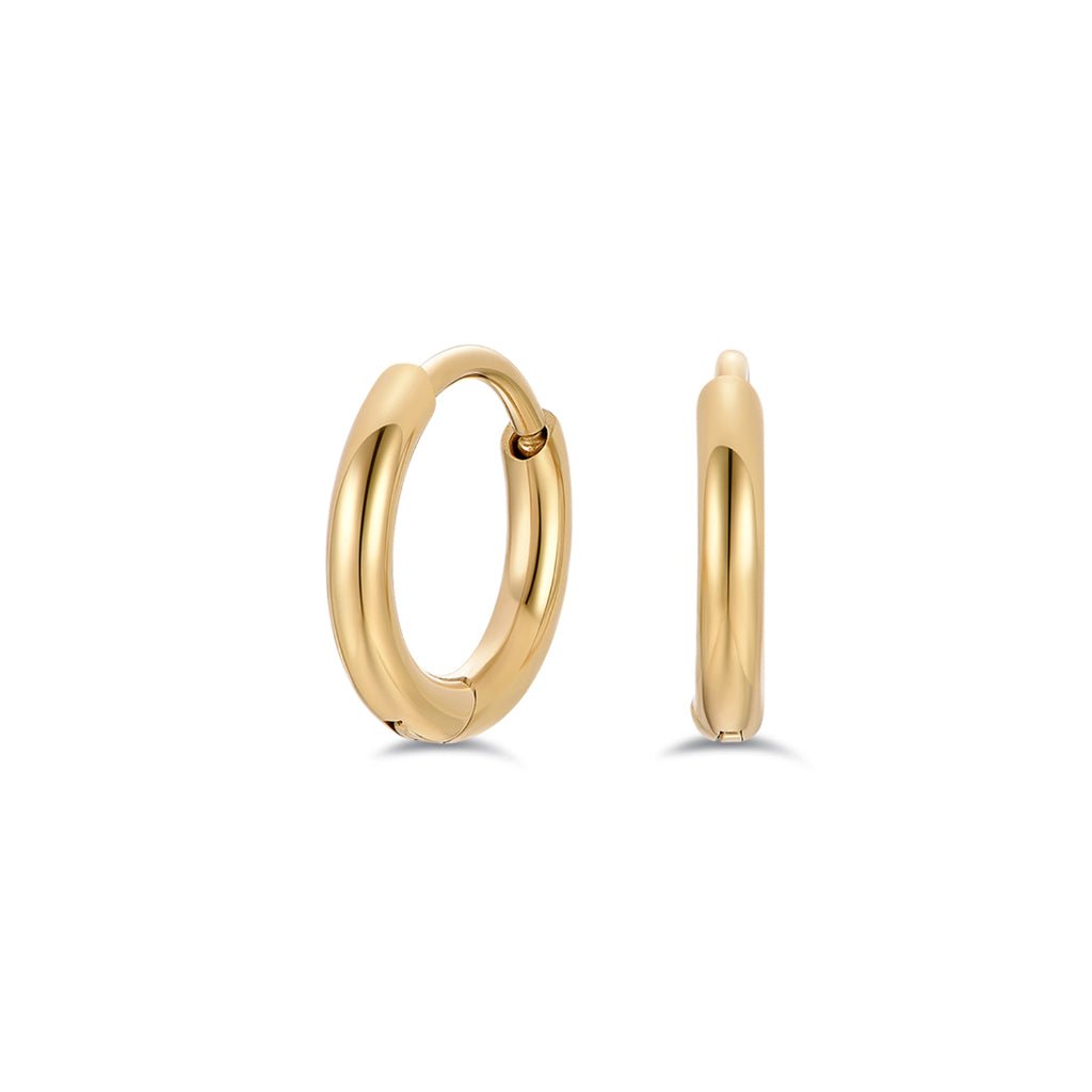 Gold-tone titanium classic bold hoop earrings shown front-on and side profile, highlighting the smooth polished finish and hinged closure.