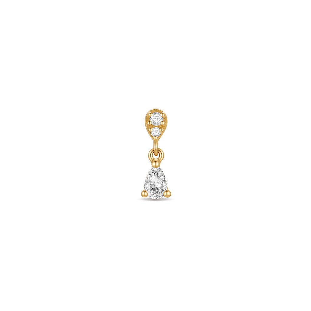 14K solid gold internally threaded piercing top with round clear cubic zirconia and pear-shaped clear cubic zirconia dangle on a white background