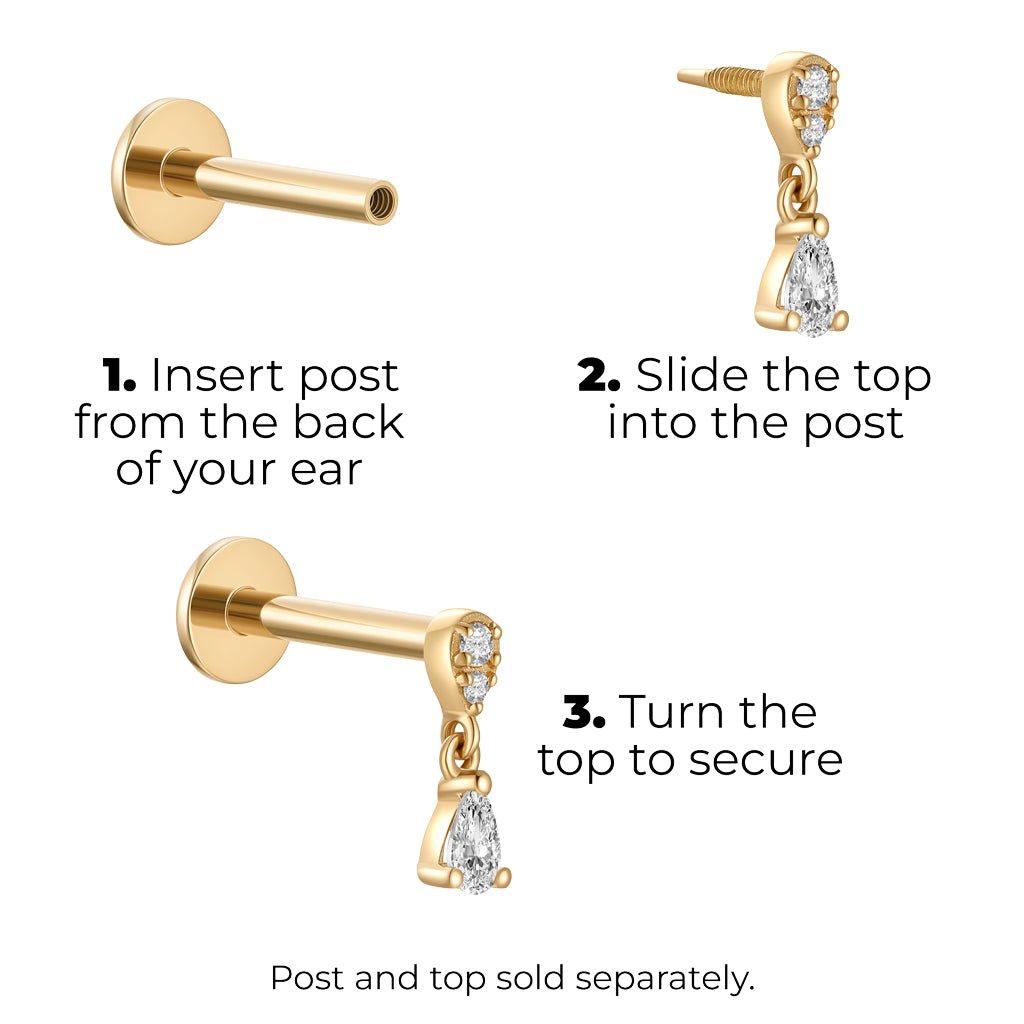 Step-by-step diagram showing how to attach a 14K solid gold guided internally threaded piercing top with round and pear-shaped clear cubic zirconia dangle to a flat-back post, displayed on a white background