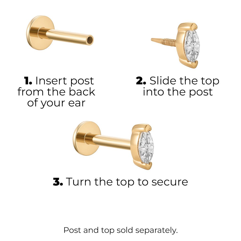 Step-by-step diagram showing how to attach a 14K solid gold guided internally threaded piercing top with oval clear cubic zirconia to a flat-back post, displayed on a white background