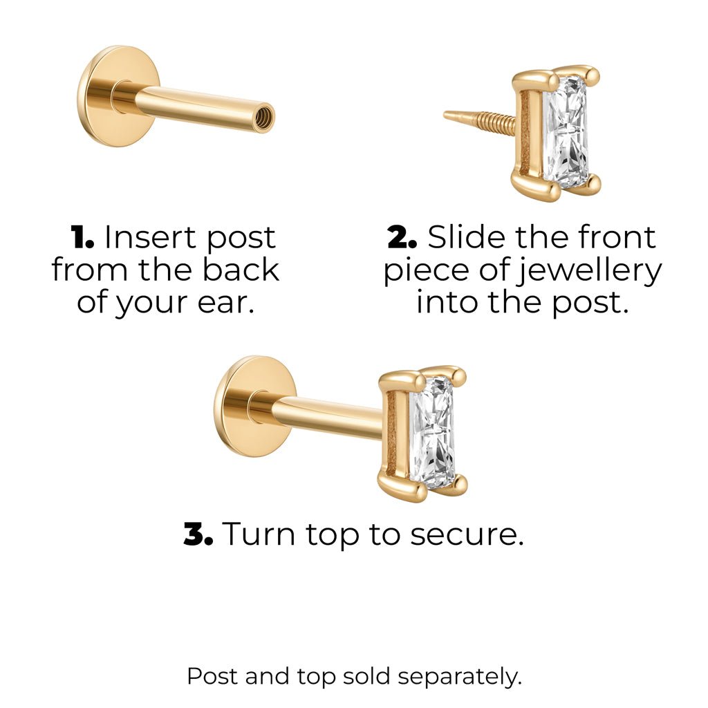 Step-by-step diagram showing how to attach a 14K solid gold guided internally threaded piercing top with rectangle clear cubic zirconia to a flat-back post, displayed on a white background