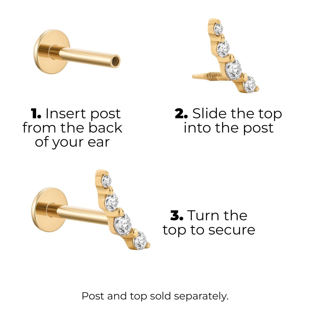 14K Solid Gold Guided Internally Threaded Top Descending Curve Clear Cubic Zirconia - SkinKandy | Body Jewellery & Piercing Online Australia