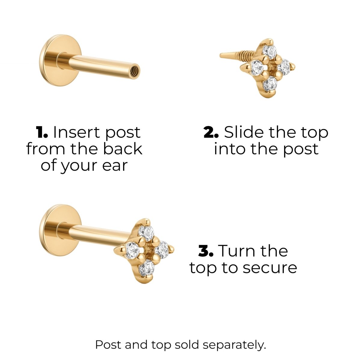 14K Solid Gold Guided Internally Threaded Top 4 - Point Star Clear Cubic Zirconia - SkinKandy | Body Jewellery & Piercing Online Australia