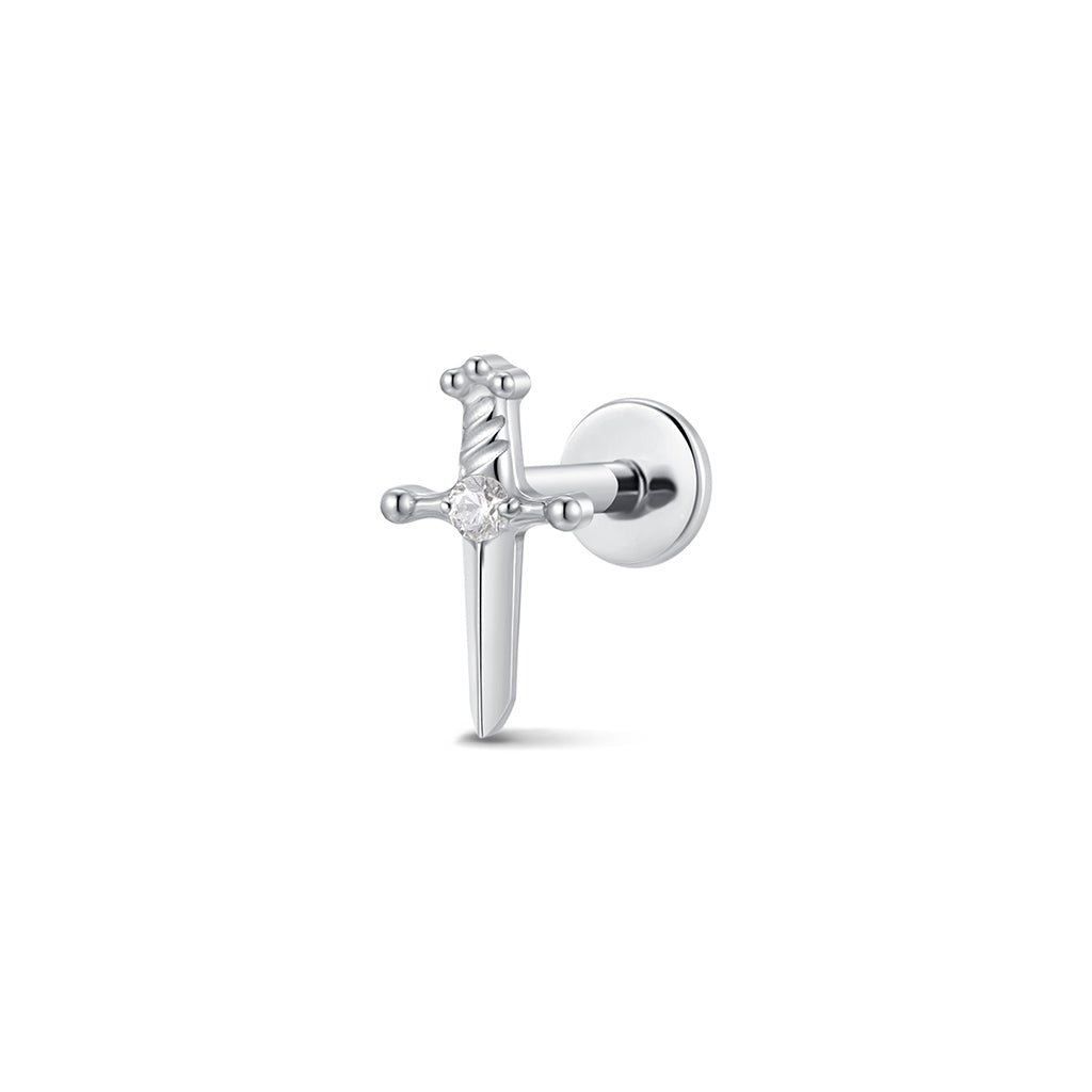 Silver-tone cross flatback piercing with cubic zirconia and post