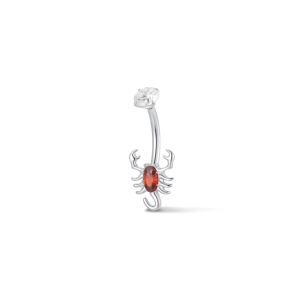 316L stainless steel internally threaded navel bar with scorpion design, featuring clear and red cubic zirconia stones