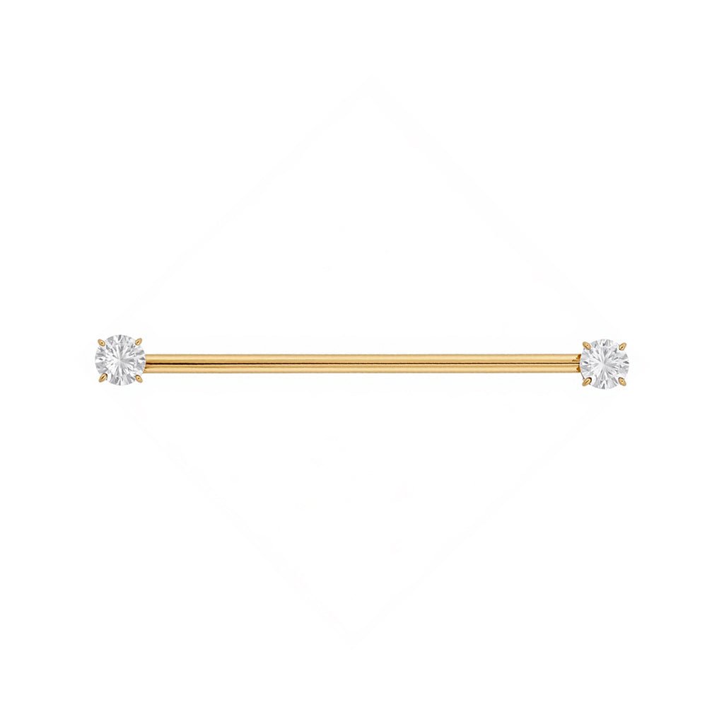 Gold-tone industrial barbell with round clear cubic zirconia ends