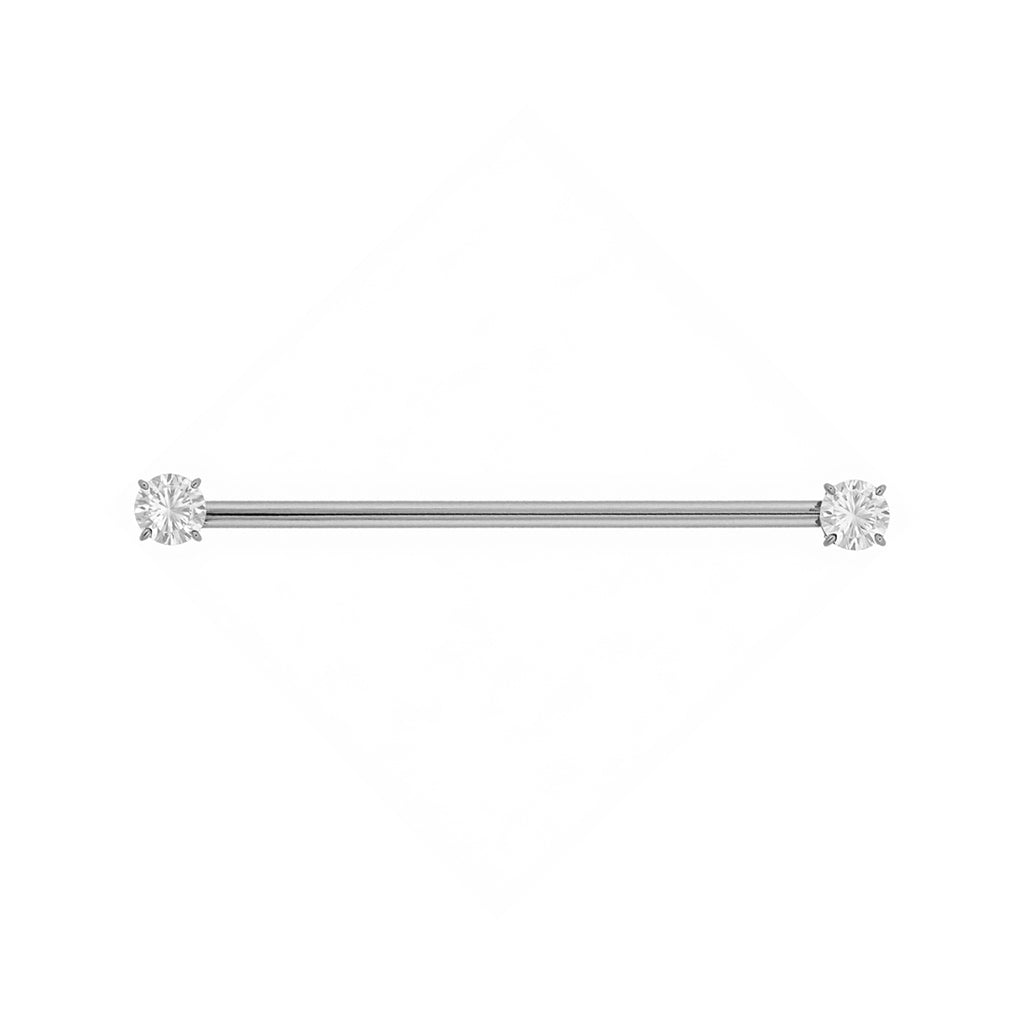 Silver-tone industrial barbell with round clear cubic zirconia ends