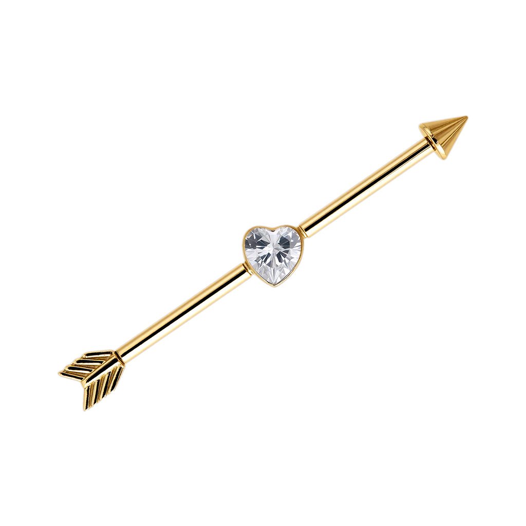 Gold-tone industrial barbell with arrow design and heart-shaped clear cubic zirconia center