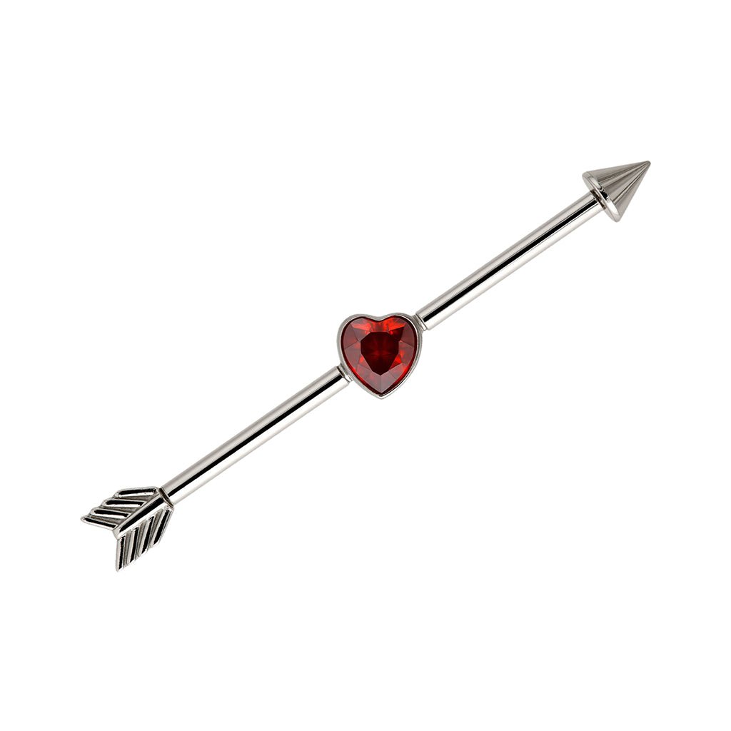 Silver-tone industrial barbell with arrow design and heart-shaped red cubic zirconia center
