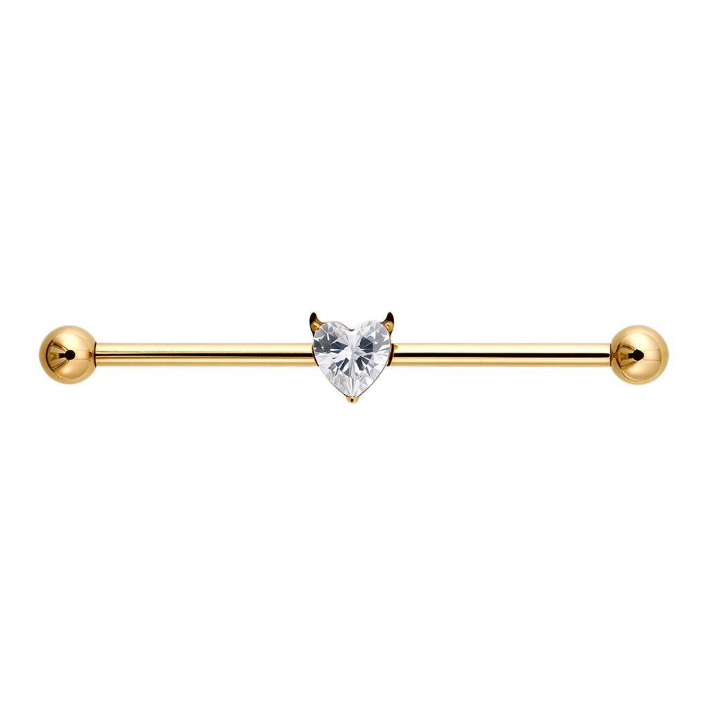 Gold-tone industrial barbell with heart-shaped clear cubic zirconia center