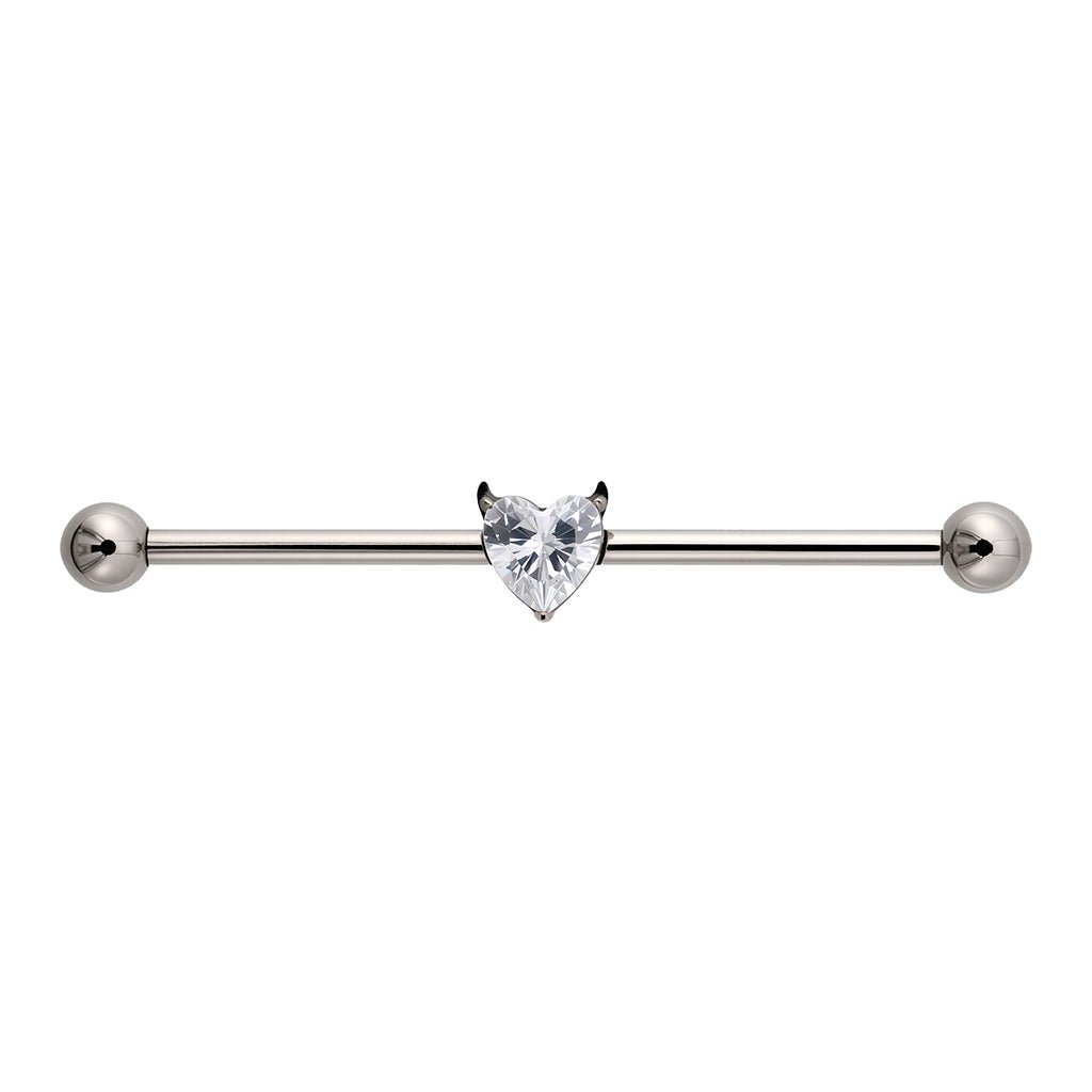 Silver-tone industrial barbell with heart-shaped clear cubic zirconia center