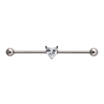 316L Stainless Steel Internally Threaded Ribald Heart Cubic Zirconia Industrial Barbell