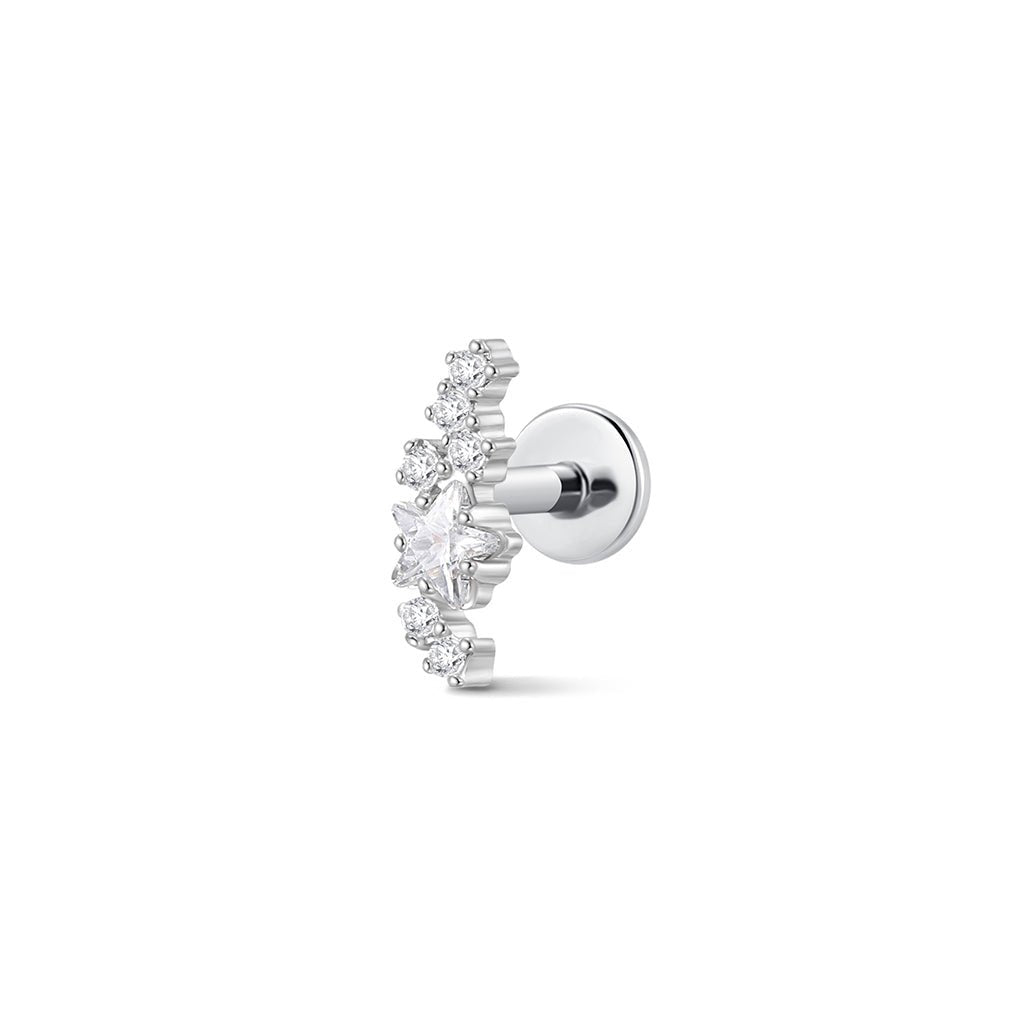Silver-tone starlight curved bar flatback piercing with clear cubic zirconia