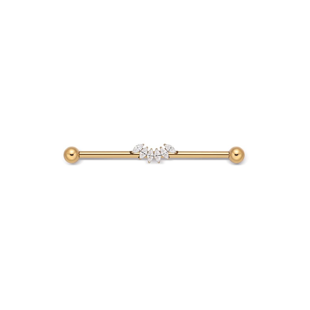 Gold-tone industrial barbell with marquis-cut clear cubic zirconia fan design
