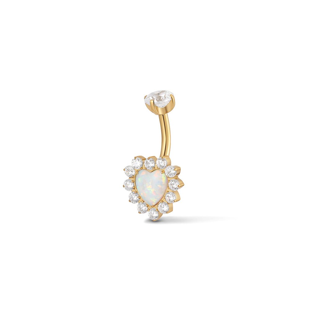 Gold-tone navel bar with opal heart and halo setting