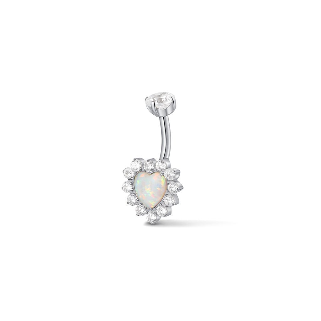Silver-tone navel bar with opal heart and halo setting