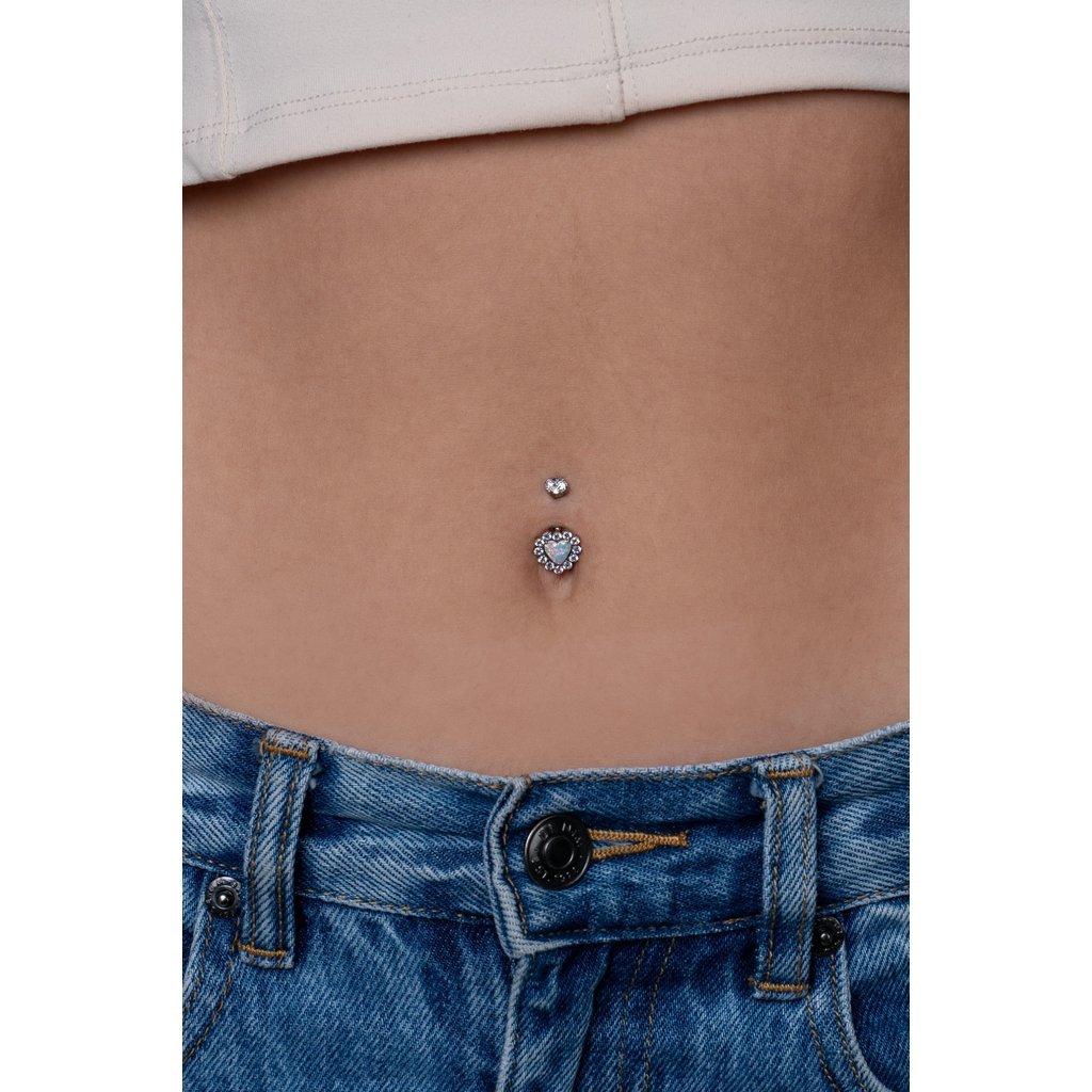 316L Stainless Steel Internally Threaded Halo Opal Heart Navel Bar