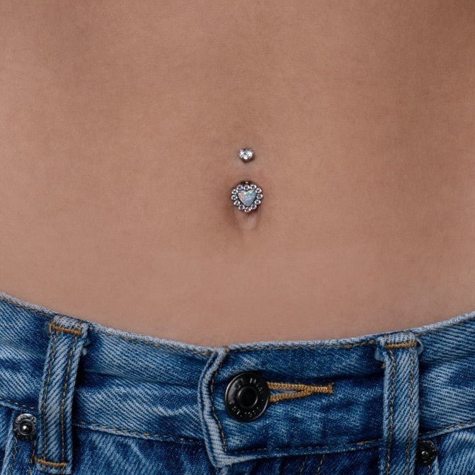 316L Stainless Steel Internally Threaded Halo Opal Heart Navel Bar - SkinKandy | Body Jewellery & Piercing Online Australia