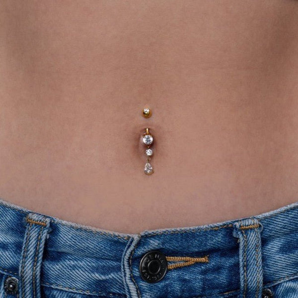 316L Stainless Steel Internally Threaded Round and Teardrop Dangle Cubic Zirconia Navel Bar