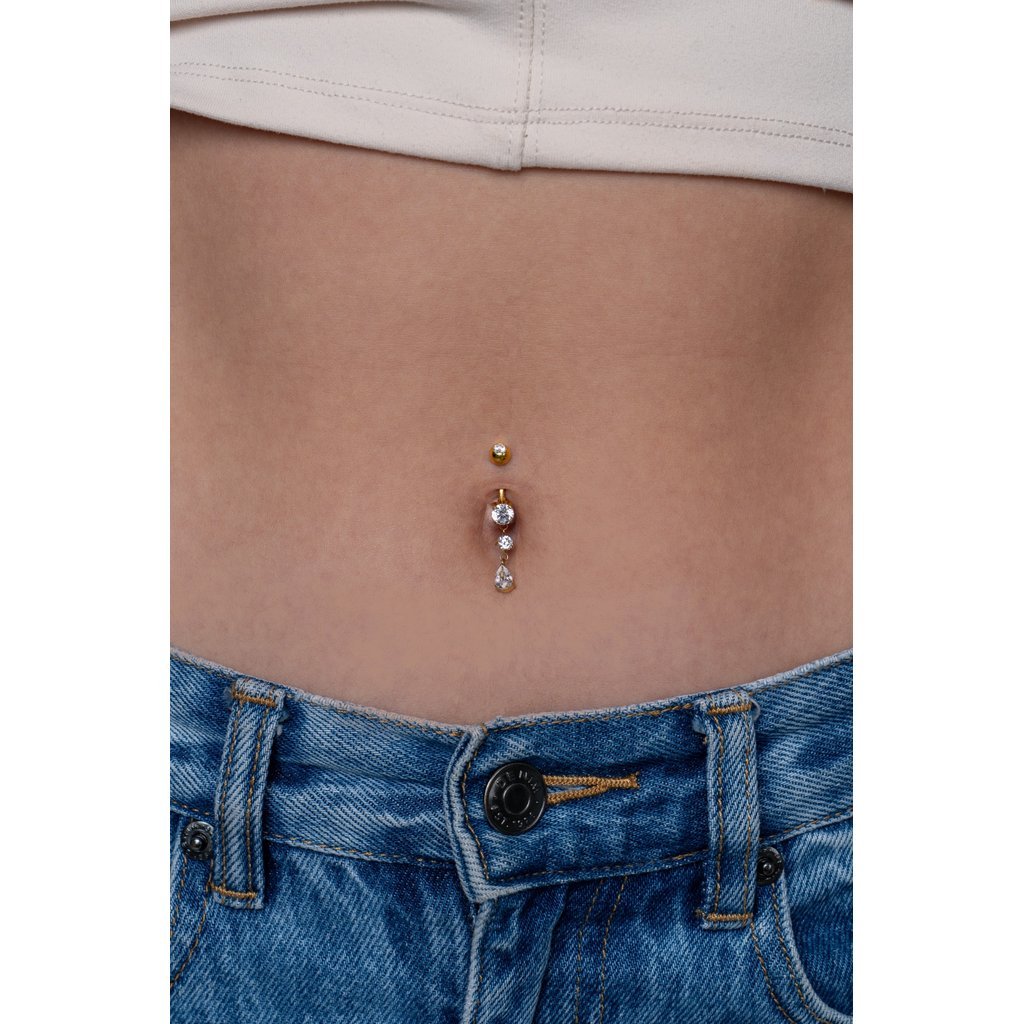 316L Stainless Steel Internally Threaded Round and Teardrop Dangle Cubic Zirconia Navel Bar