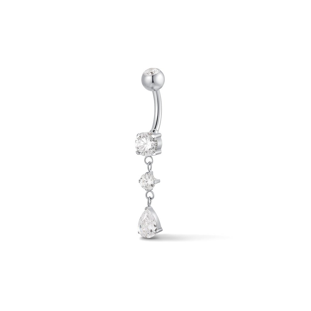 316L Stainless Steel Internally Threaded Round and Teardrop Dangle Cubic Zirconia Navel Bar