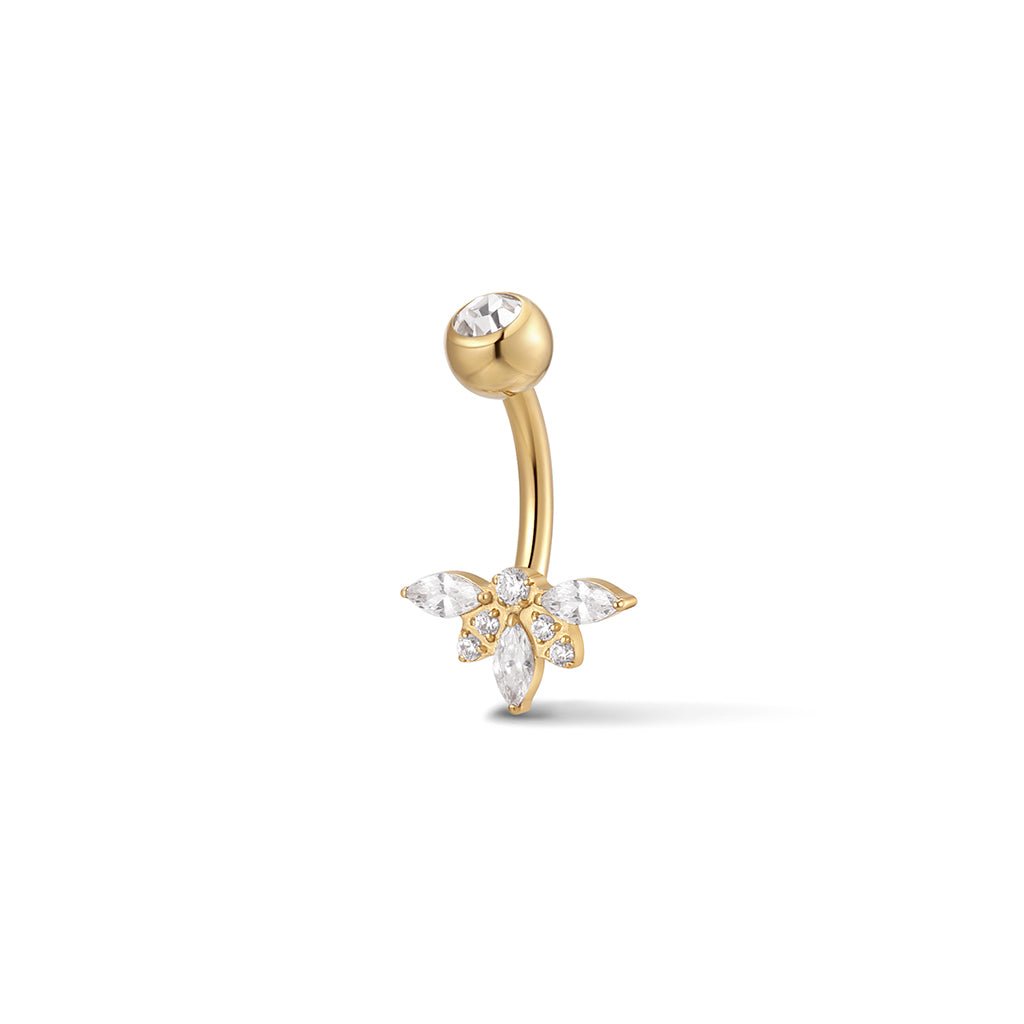 Gold-tone navel bar with fan-shaped clear cubic zirconia cluster