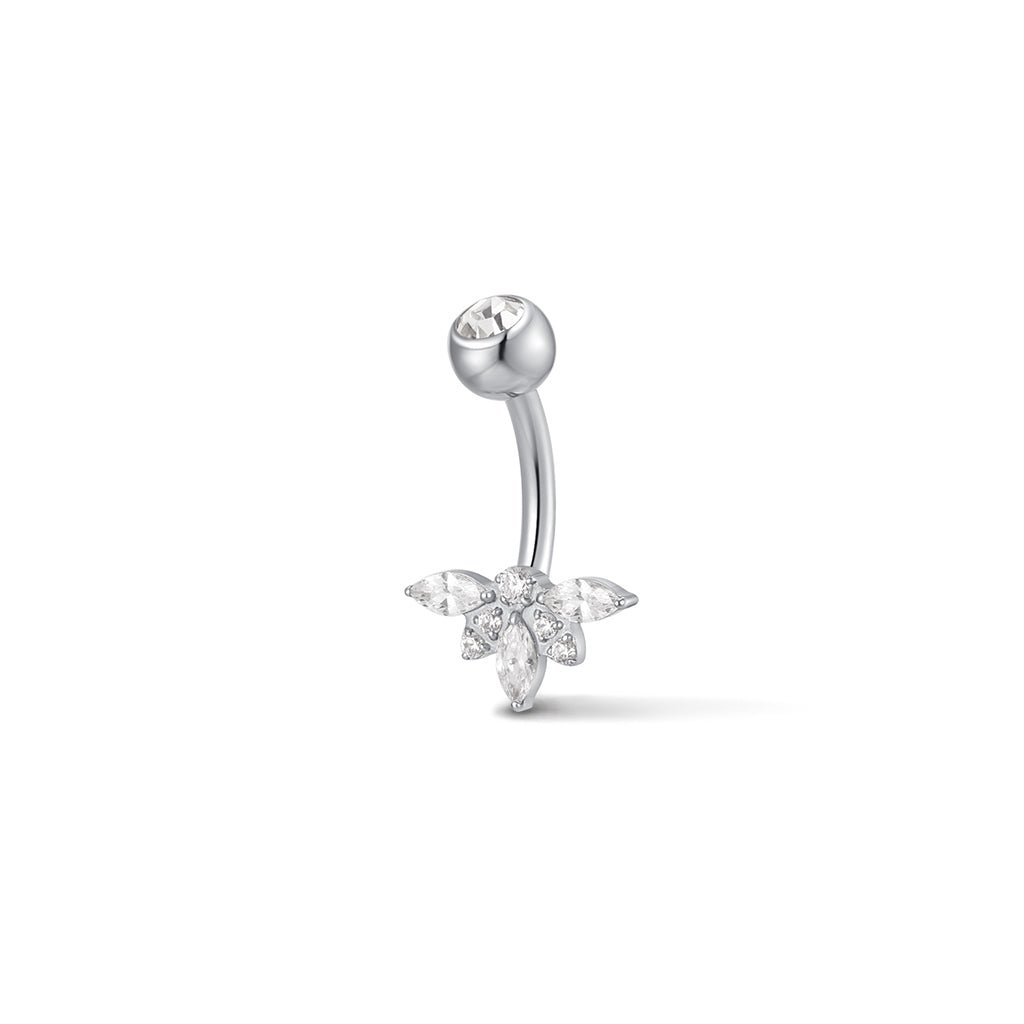Silver-tone navel bar with fan-shaped clear cubic zirconia cluster