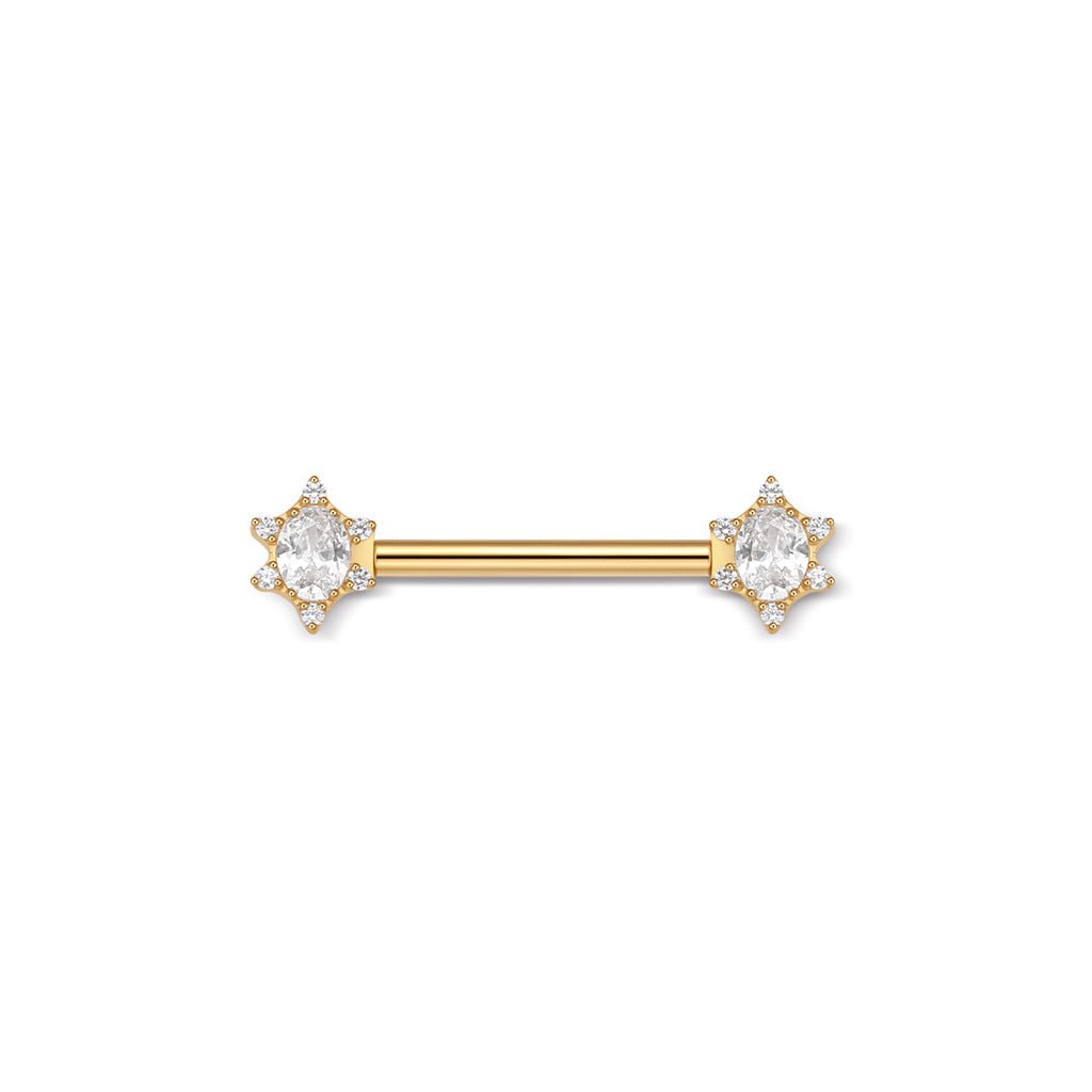 Gold-tone nipple bar with oval clear cubic zirconia halo ends