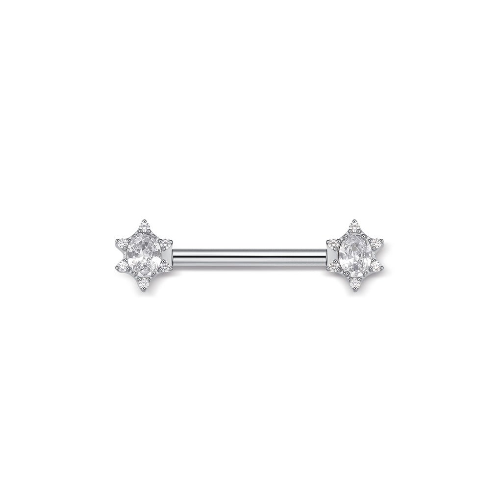 Silver-tone nipple bar with oval clear cubic zirconia halo ends