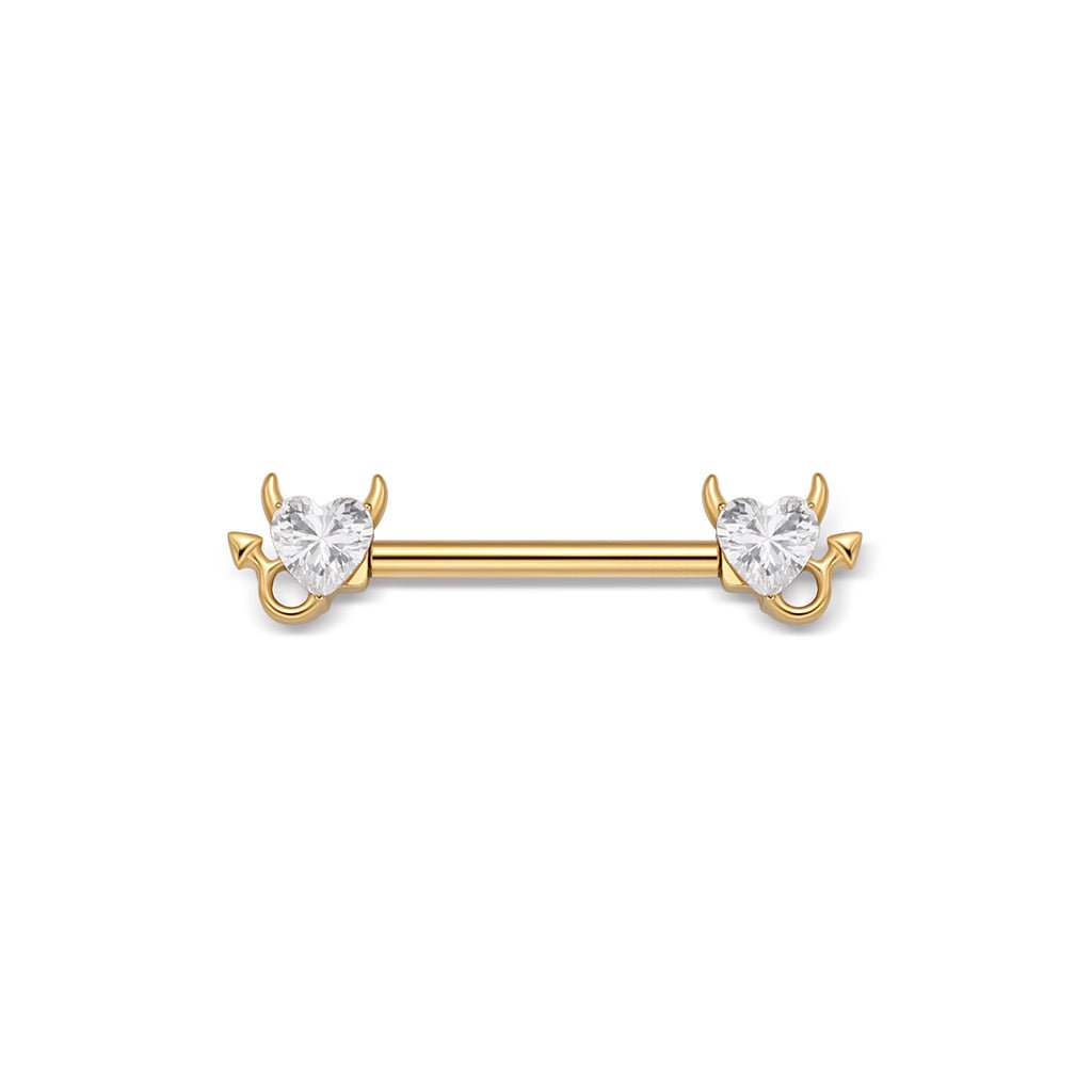 Gold-tone nipple bar with heart-shaped clear cubic zirconia ends