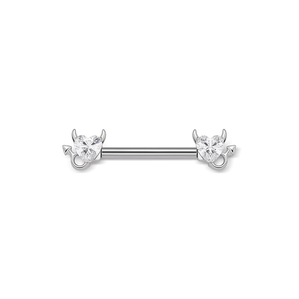 Silver-tone nipple bar with heart-shaped clear cubic zirconia ends