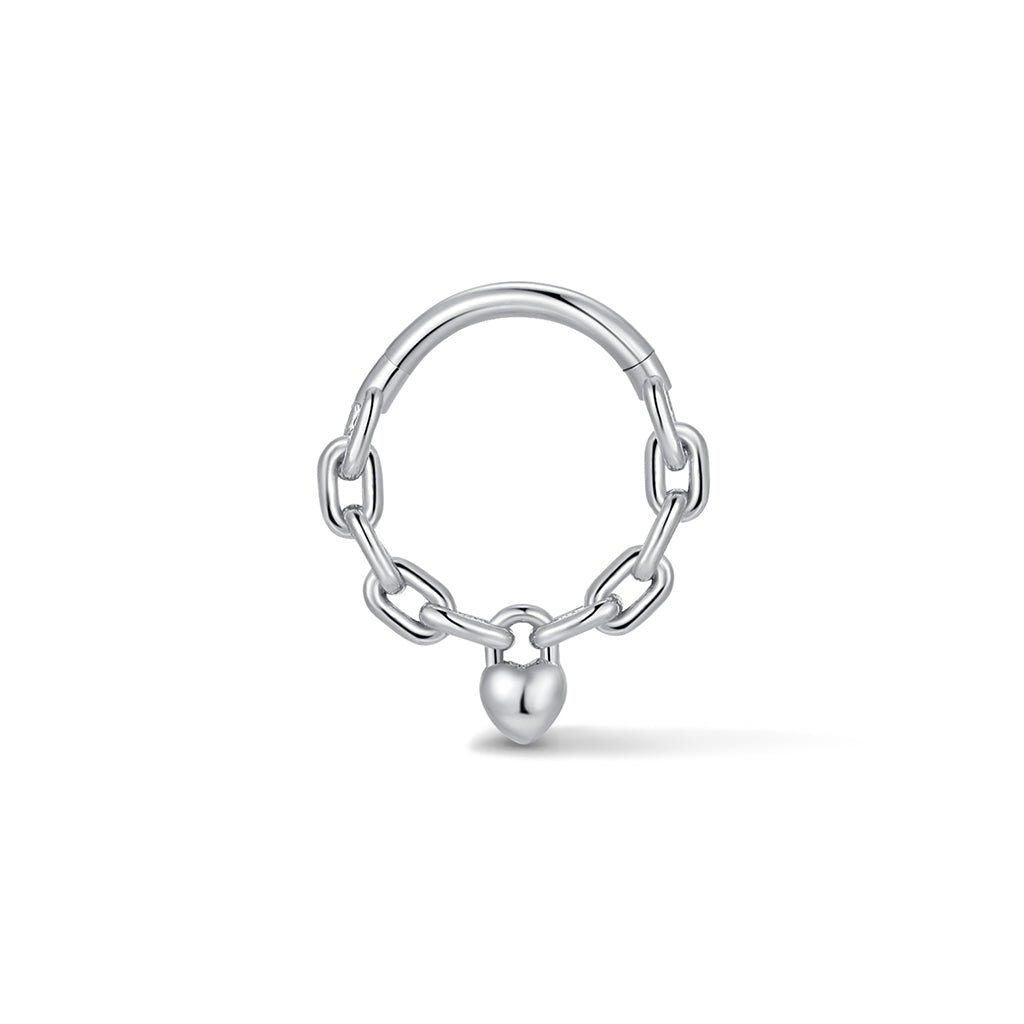 Silver-tone padlock heart segment ring with chain design