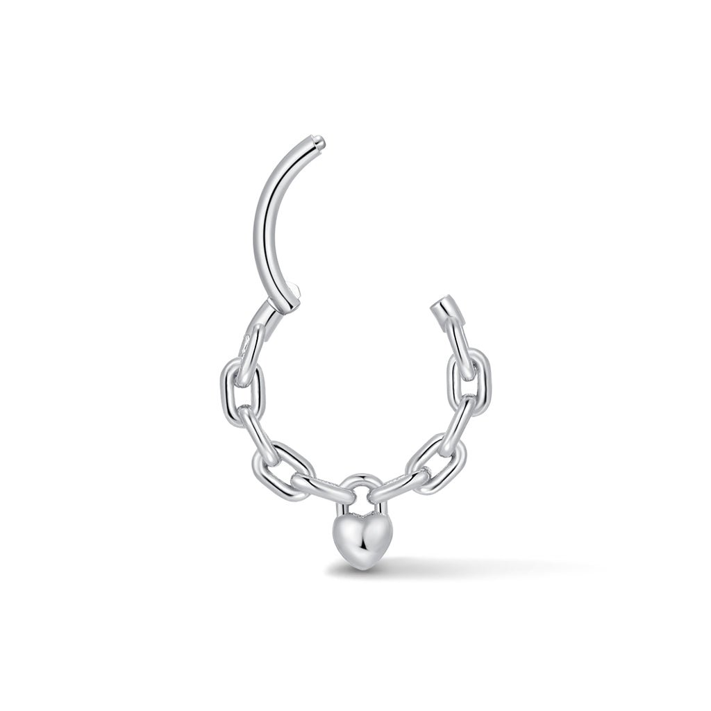 Silver-tone padlock heart segment ring with chain design shown open