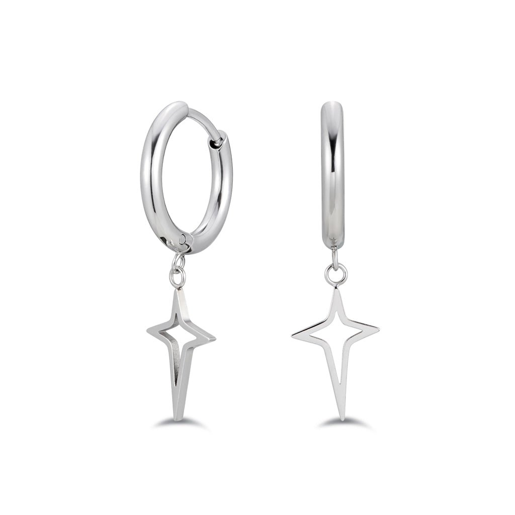 Silver-tone stainless steel north star drop hoop earrings on white background