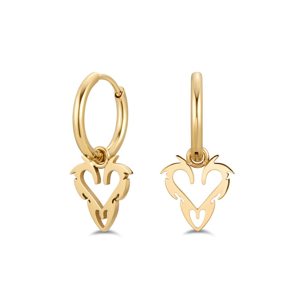 Gold-tone stainless steel Y2K heart drop hoop earrings, front and side view