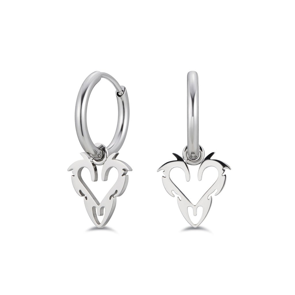 Silver-tone stainless steel Y2K heart drop hoop earrings, front and side view