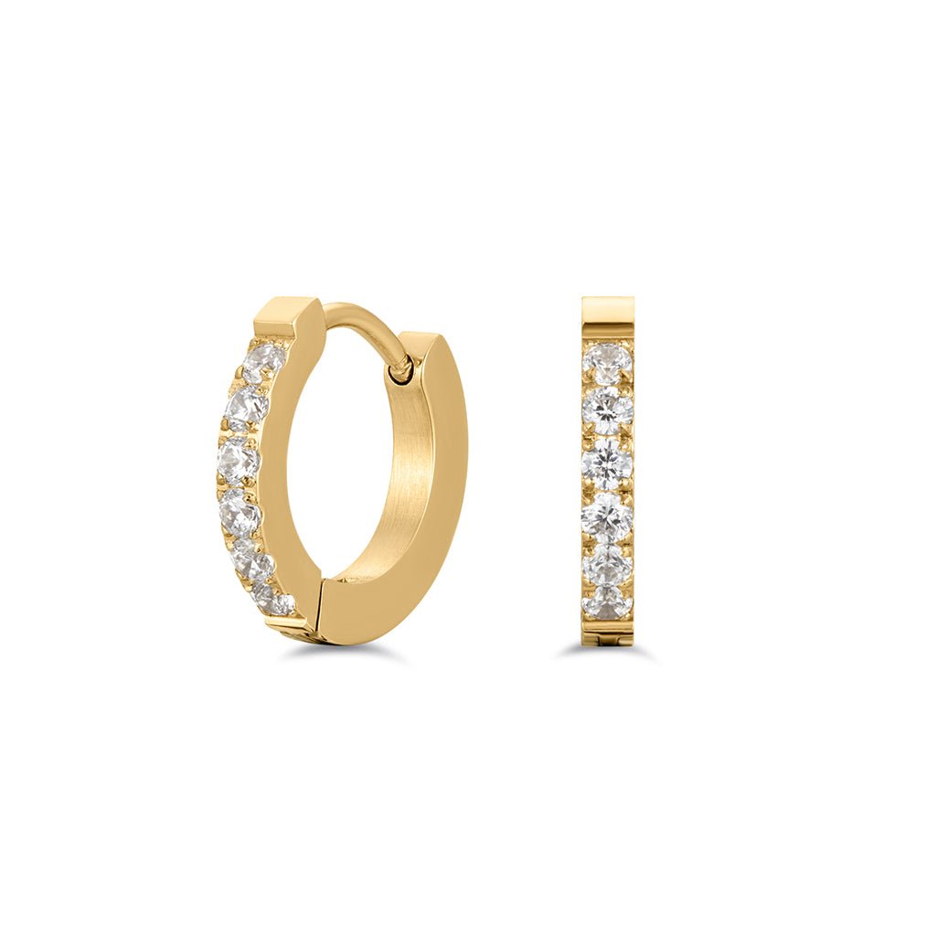 Gold-tone square-edge hoop earrings with clear cubic zirconia
