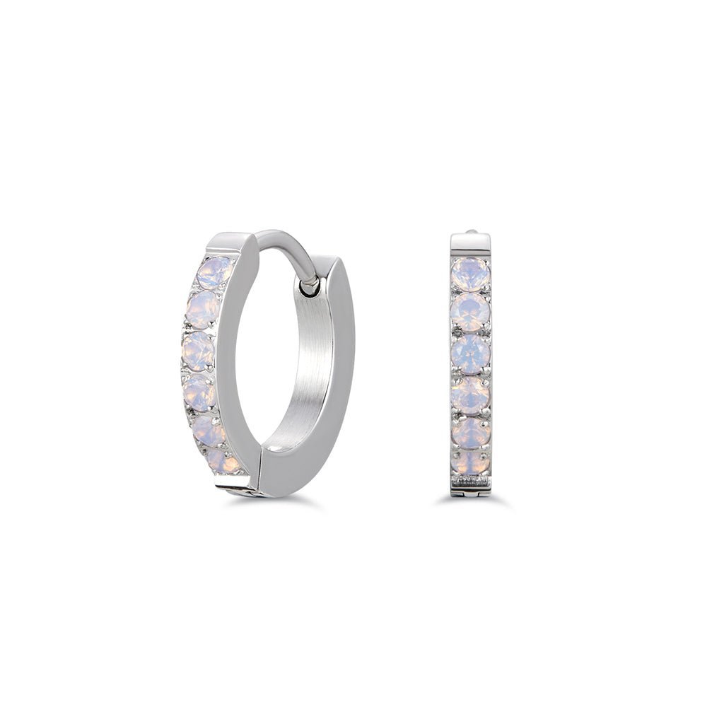316L Stainless Steel Square Edge Classic Hoop Earrings with Round Opalescent Cubic Zirconia - SkinKandy | Body Jewellery & Piercing