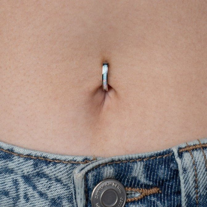Implant Grade Titanium Internally Threaded Opalescent Inset Navel Clicker - Silver Tone - SkinKandy | Body Jewellery & Piercing