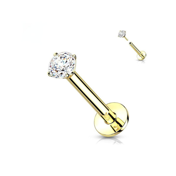 14K Gold Threadless Flatback Prong Set Clear CZ Piercing