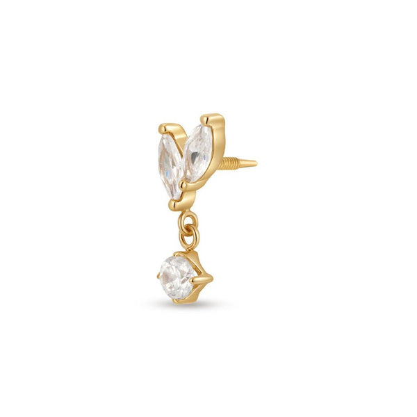 14K Solid Gold Guided Internally Threaded Dual Marquis Round Dangle Cubic Zirconia Top Piercing