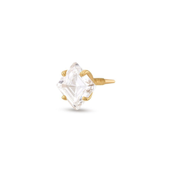14K Solid Gold Guided Internally Threaded Claw Square Cubic Zirconia Top Piercing