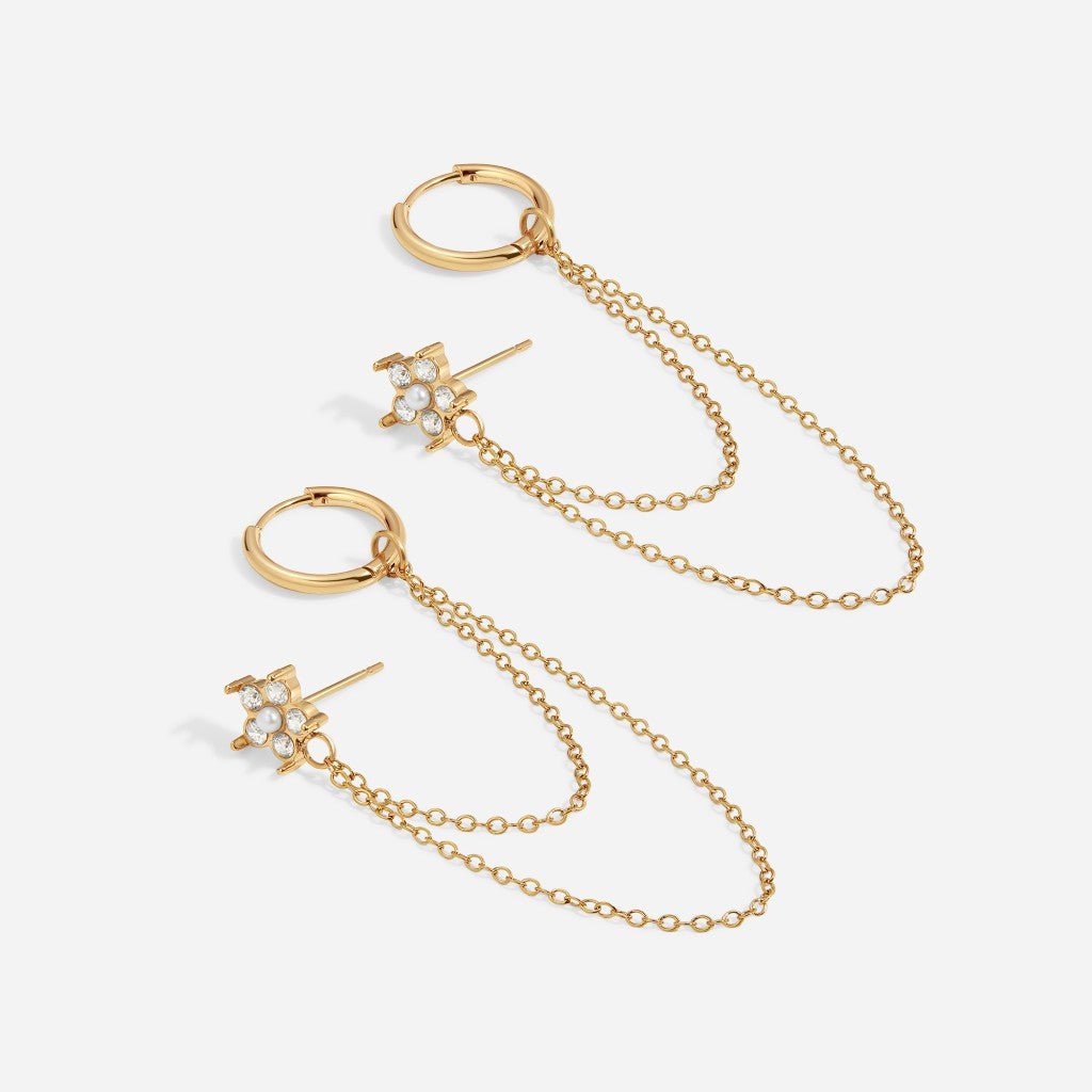 316L Surgical Steel Flower CZ Stud with Chain Earrings - SkinKandy | Body Jewellery & Piercing Online Australia