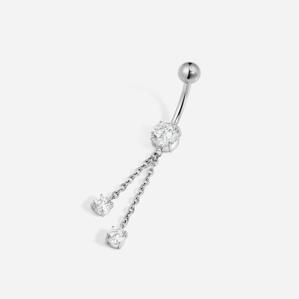 Titanium Internally Threaded Cubic Zirconia Double Chain Teardrop Dangle Navel Ring